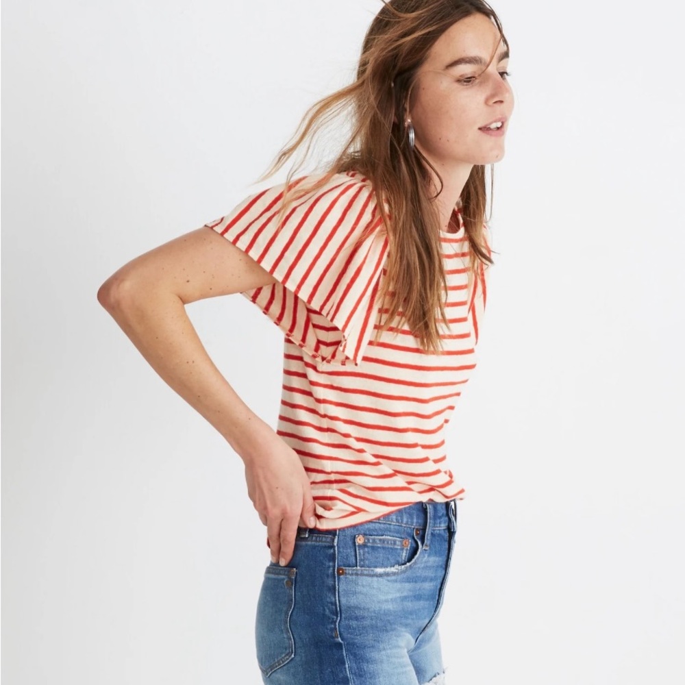 Madewell Red and White Striped Short Flutter Sleeve Tee